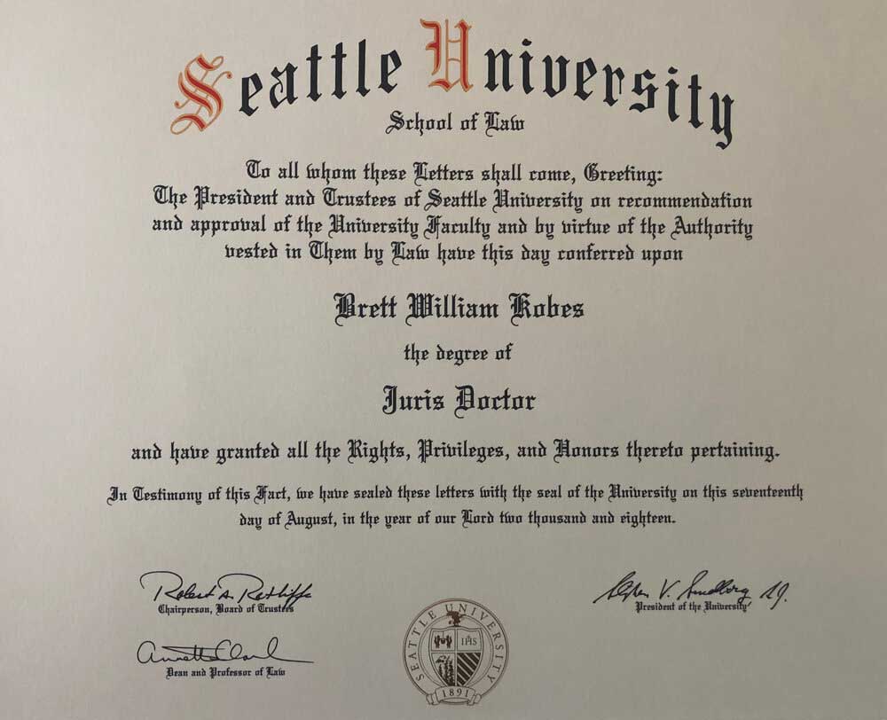 Photo of Brett Kobes' Seattle University Diploma