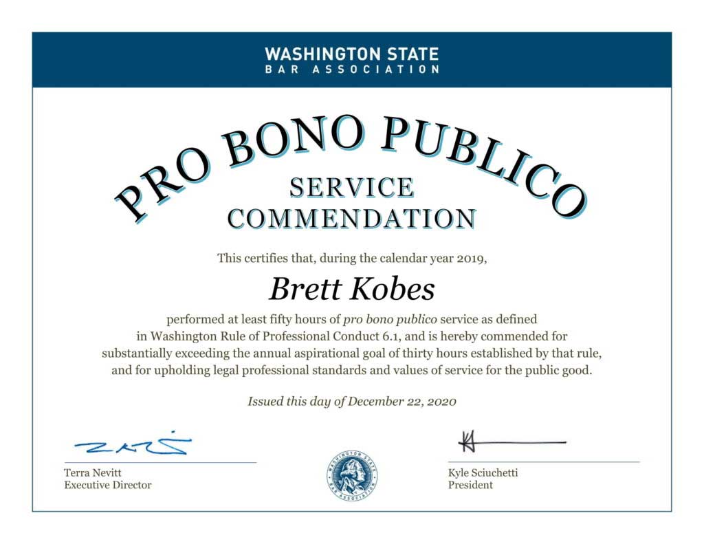 Washington State Bar Association Pro Bono Publico certificate for Brett Kobes